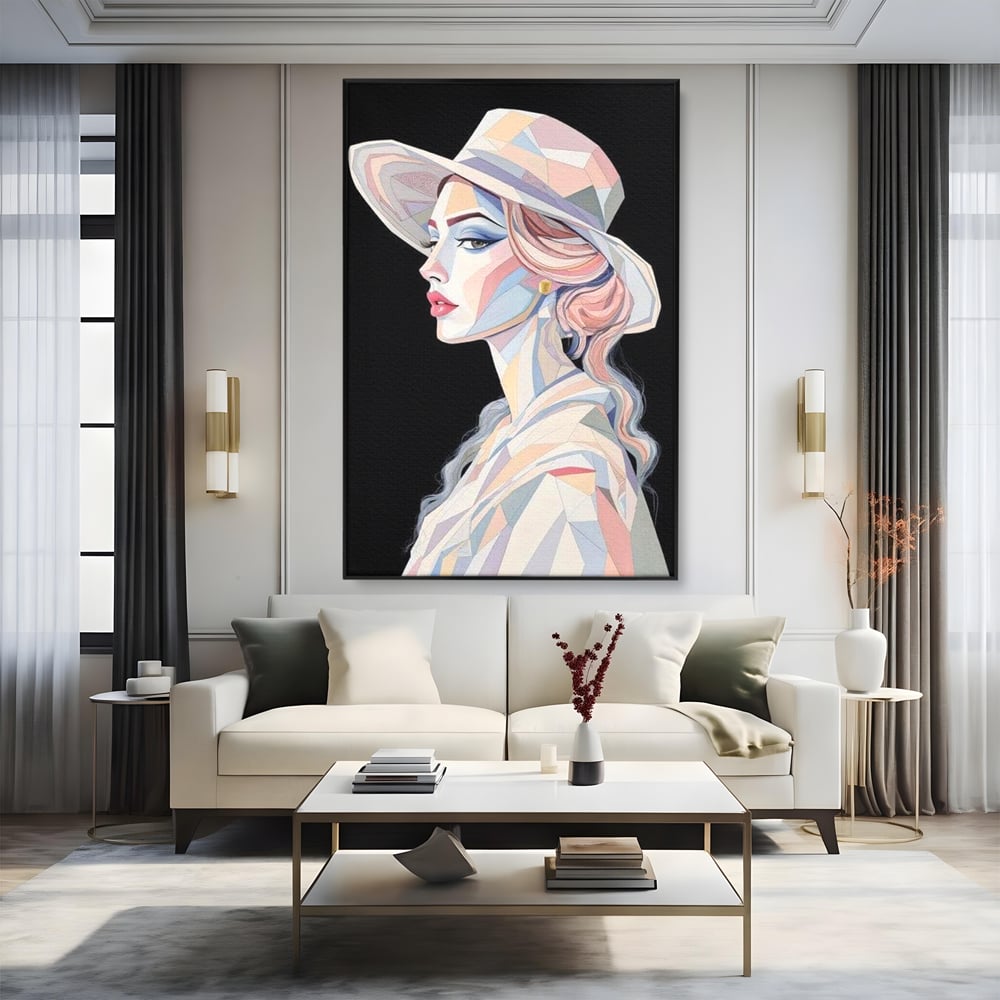 Tablou canvas cu tablou canvas cu femeie in stil cubist, in rama de aluminiu negru, pe perete intr-un living